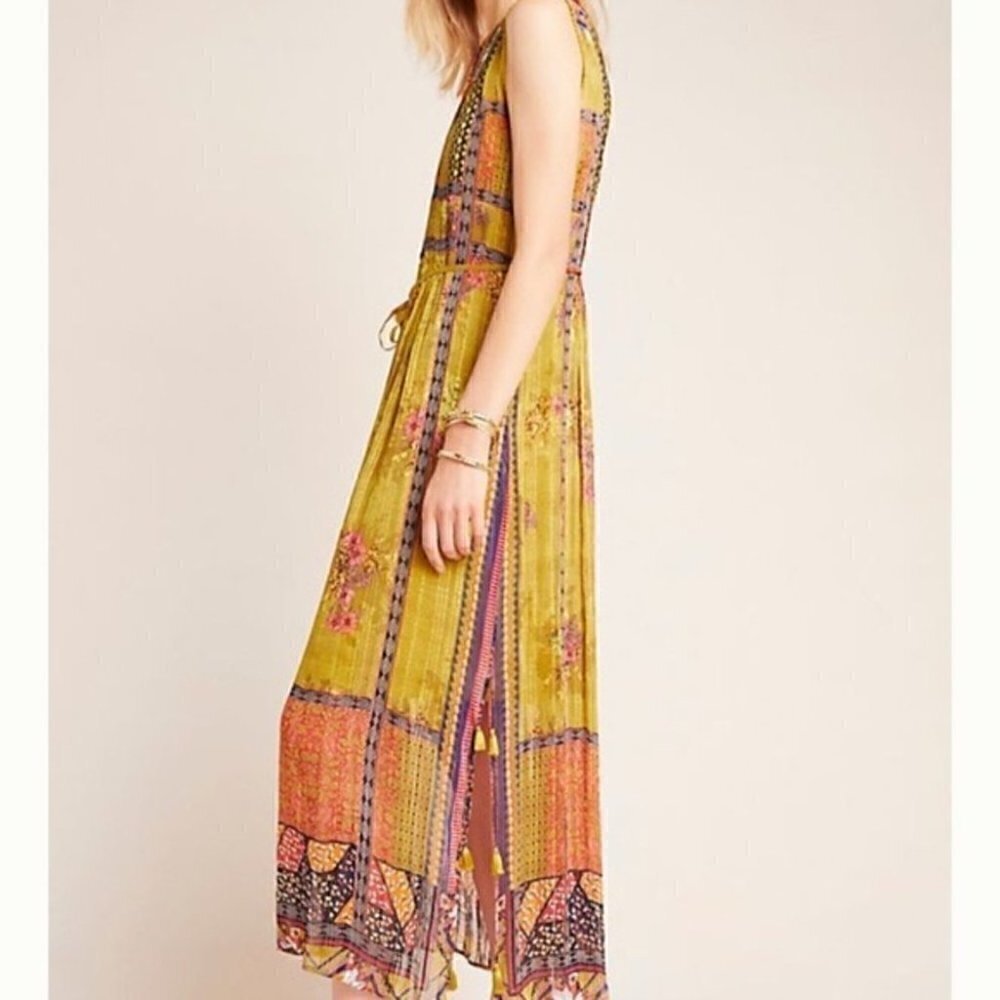 SOLD Anthropologie Citron Maxi Dress Bhanuni by Jyoti  with Tassels, Size XS - Picture 5 of 16